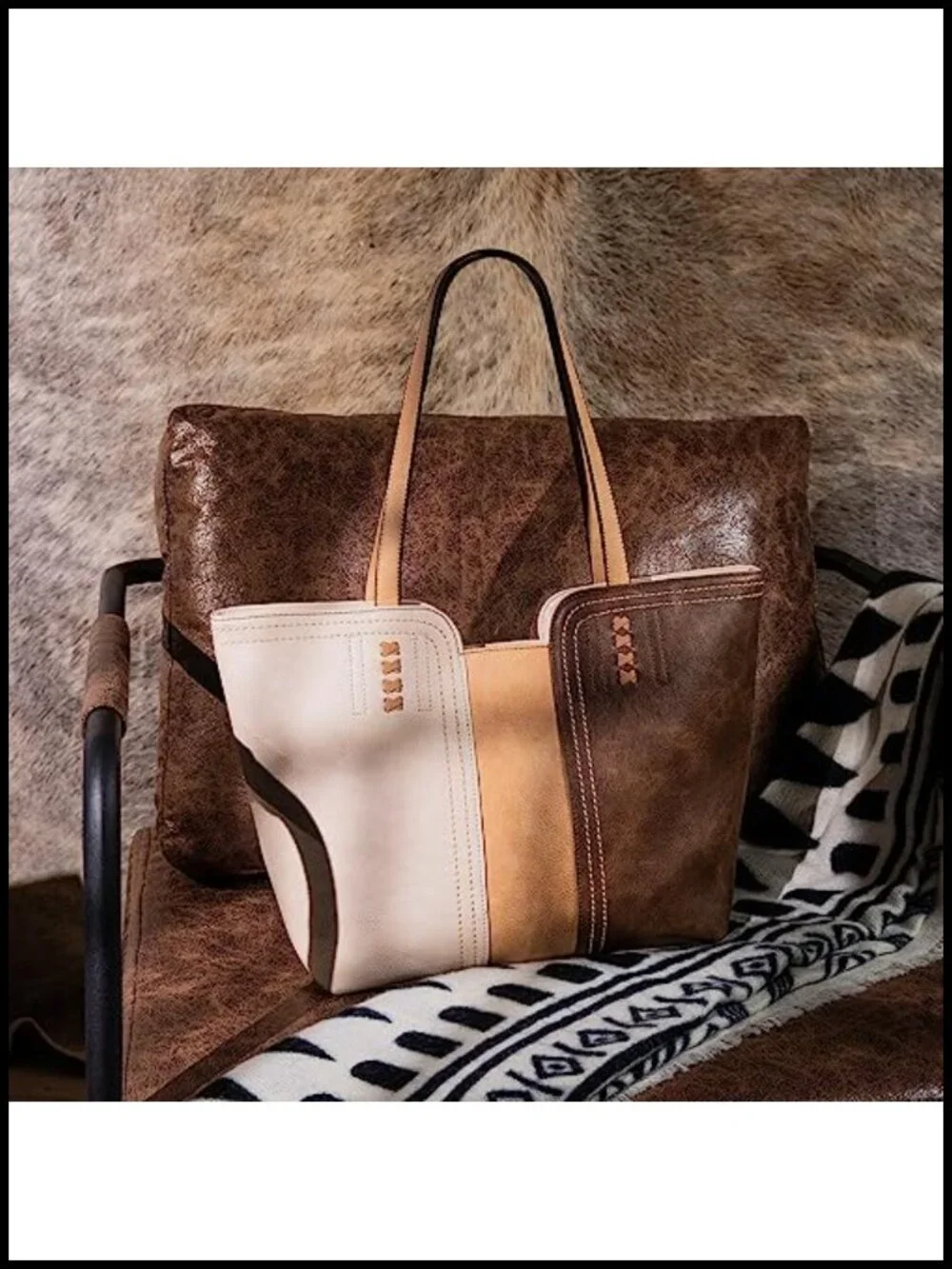 Women's Faux Leather Tote Bag with Braided Detailing